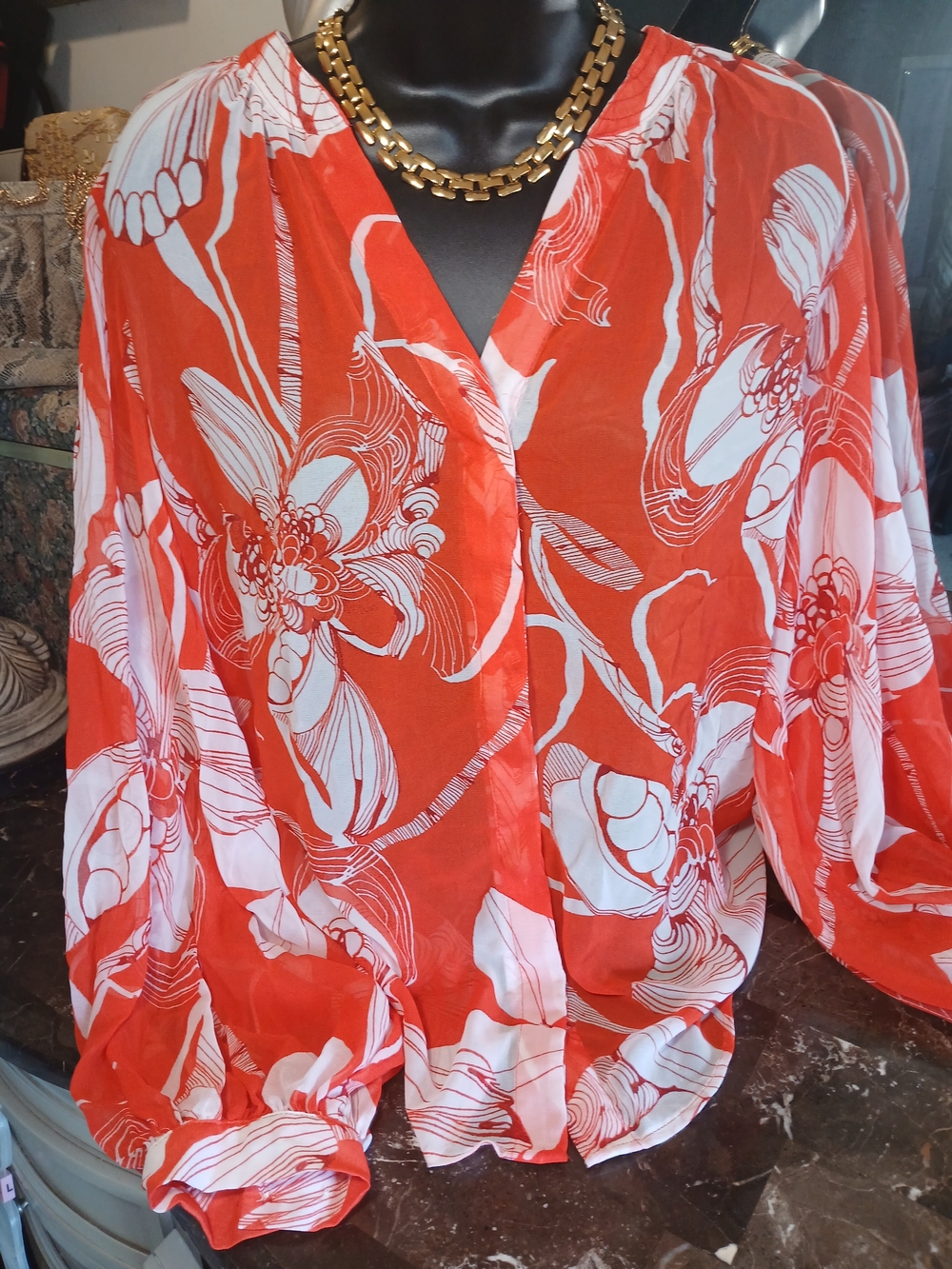 Chico's Orange and White Floral V-Neck Blouse